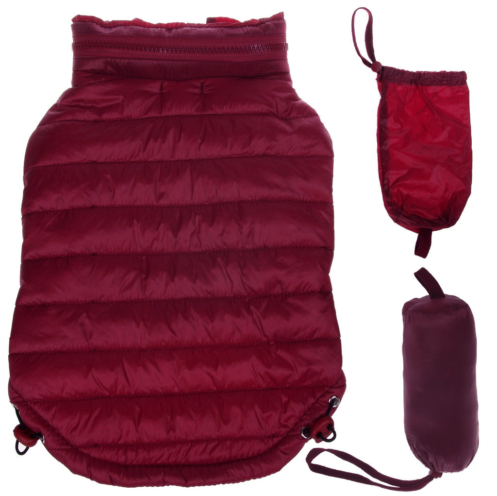 Burgundy red lightweight puffer dog coat with adjustable straps and matching carry pouch