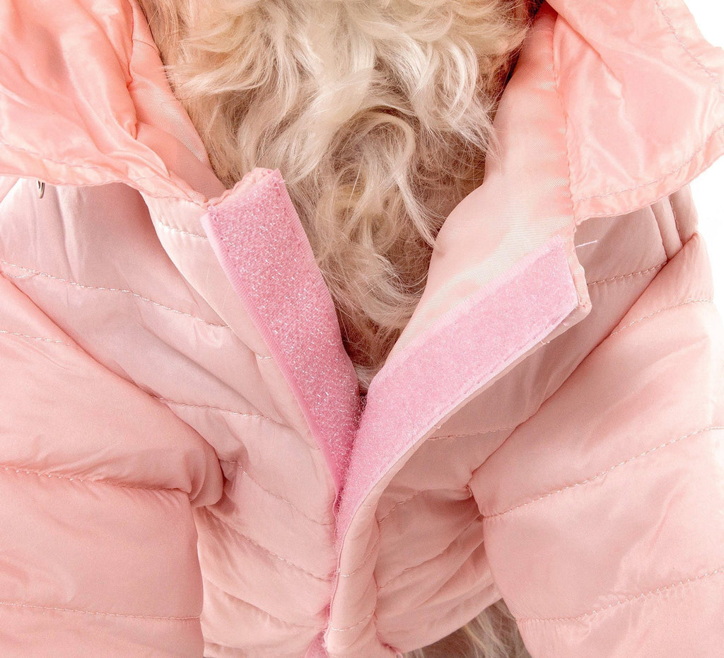 Light pink puffer dog coat close-up of inner hood lining and zipper tape