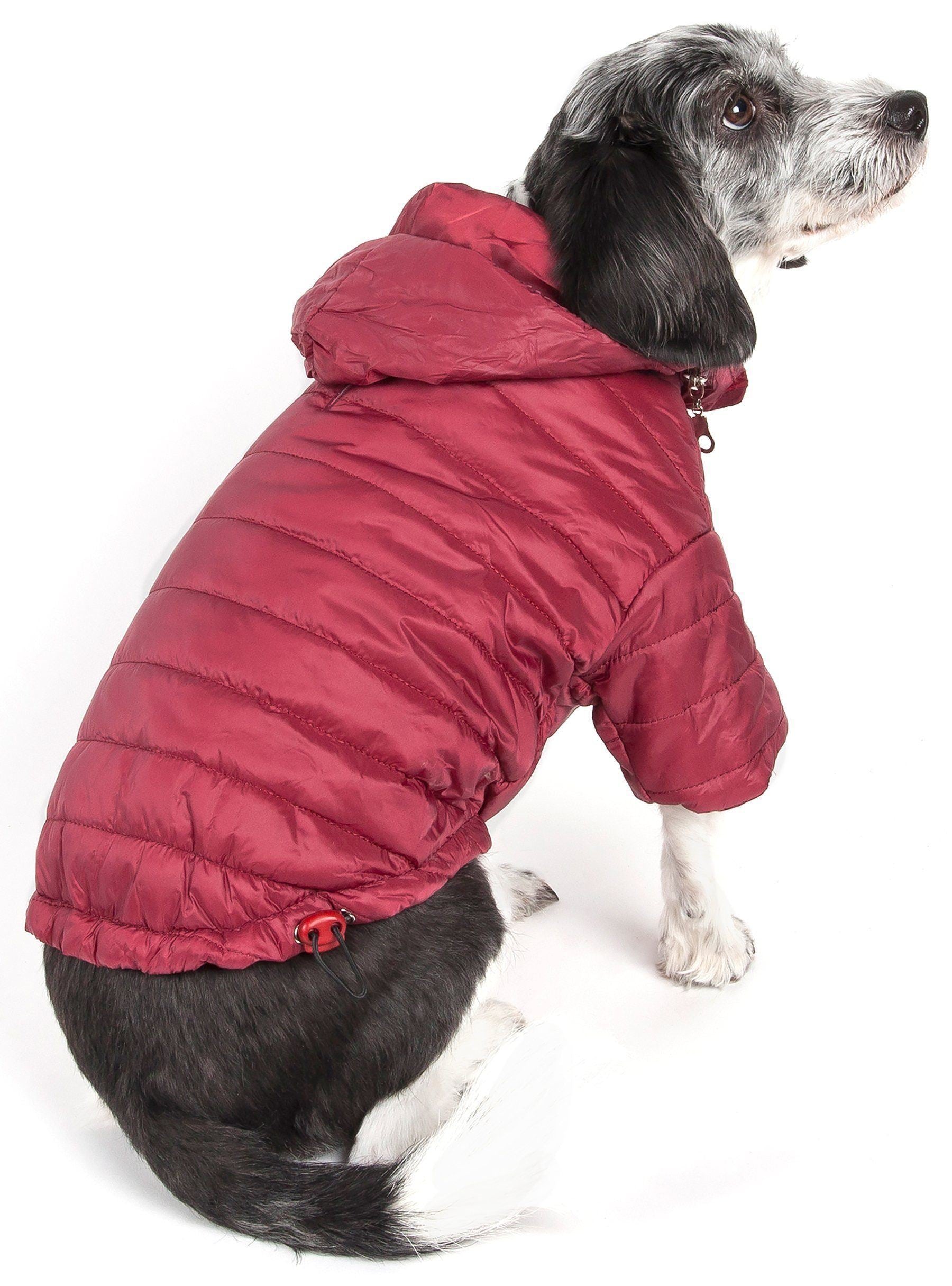Red lightweight dog puffer coat with pop-out zipper hood and zipper closure