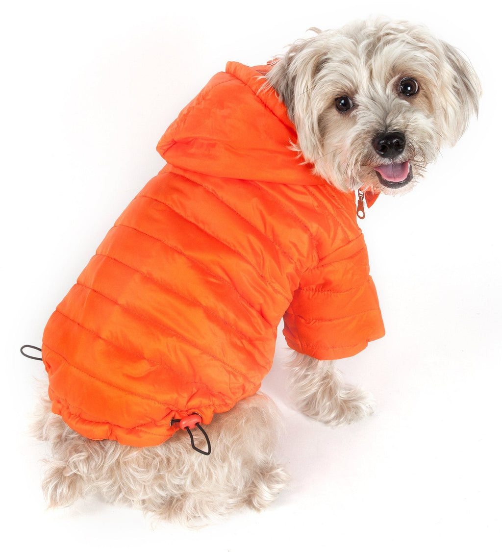 Orange lightweight dog coat with pop-out zipper hood, cinched adjustable hem