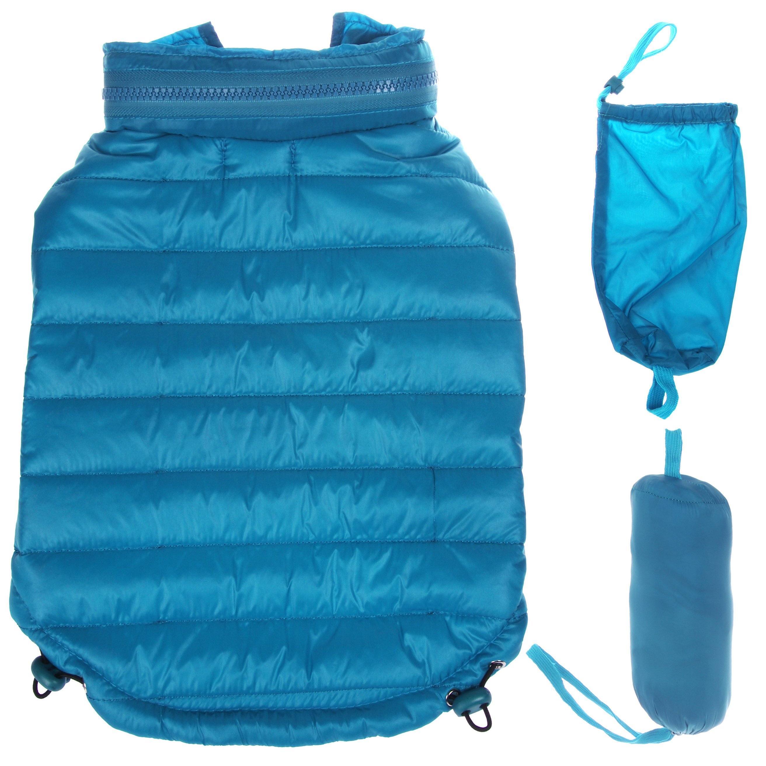 Blue lightweight puffer dog coat with pop-out hood and carry pouch attached