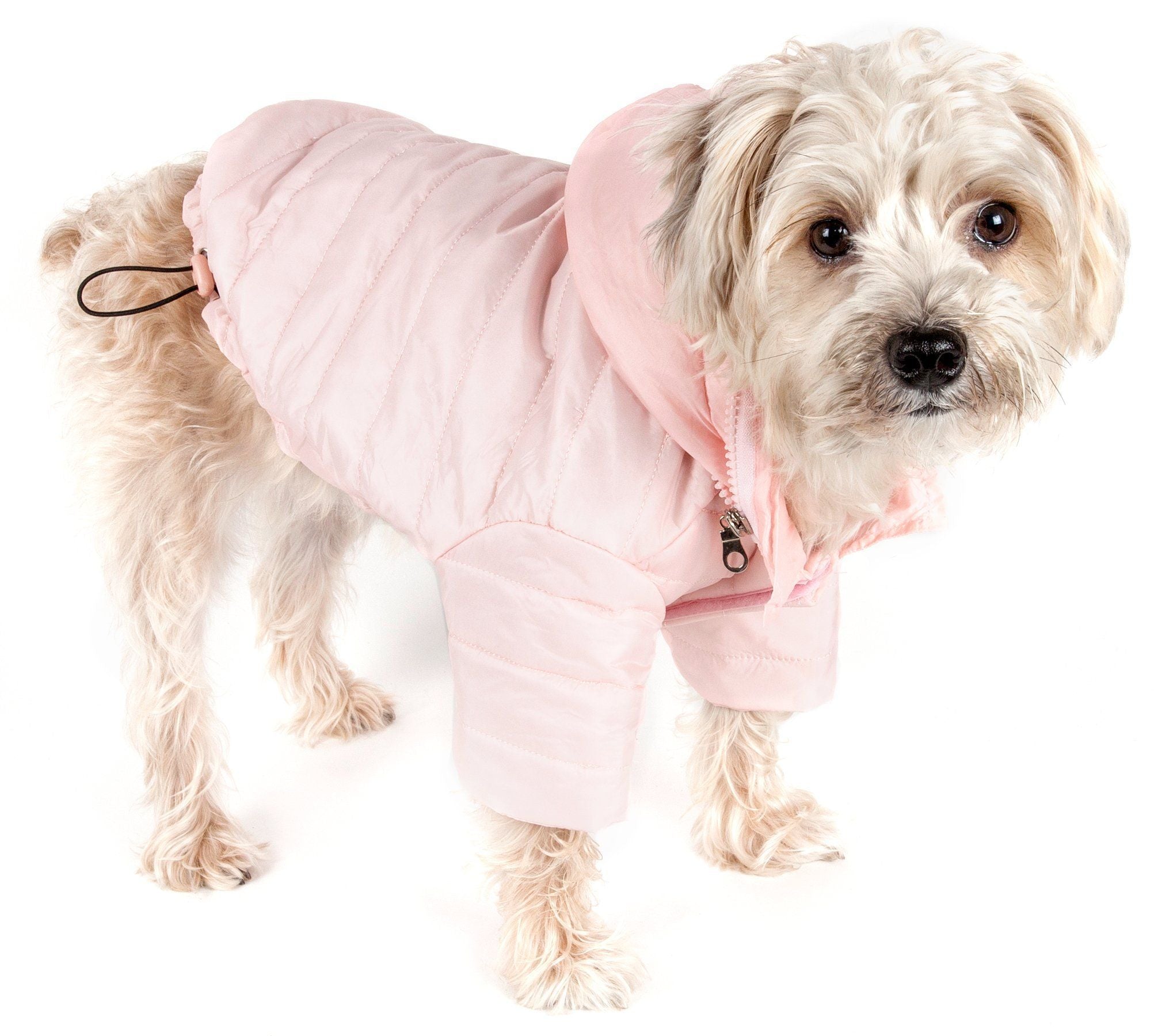 Light pink lightweight dog coat with pop-out zipper hood and front zipper