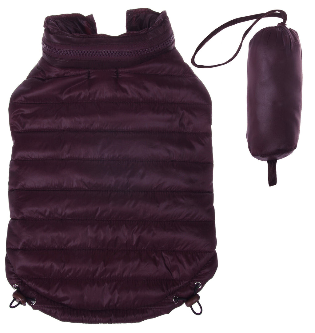 Dark purple lightweight puffer dog coat with pop-out hood and adjustable bottom straps