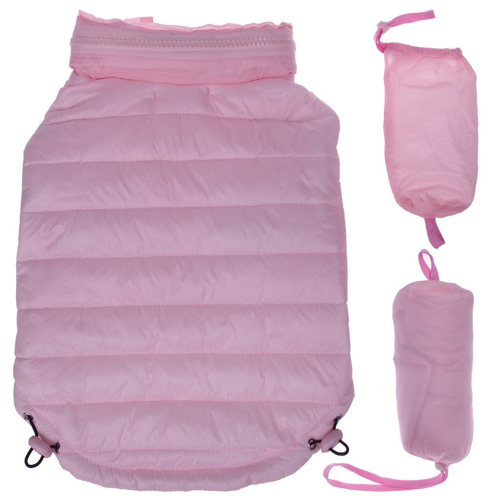 Light pink lightweight puffer dog coat with pop-out hood and zipper front
