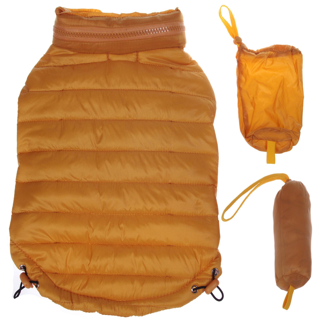 Orange/golden lightweight puffer dog coat with carry pouch and adjustable straps