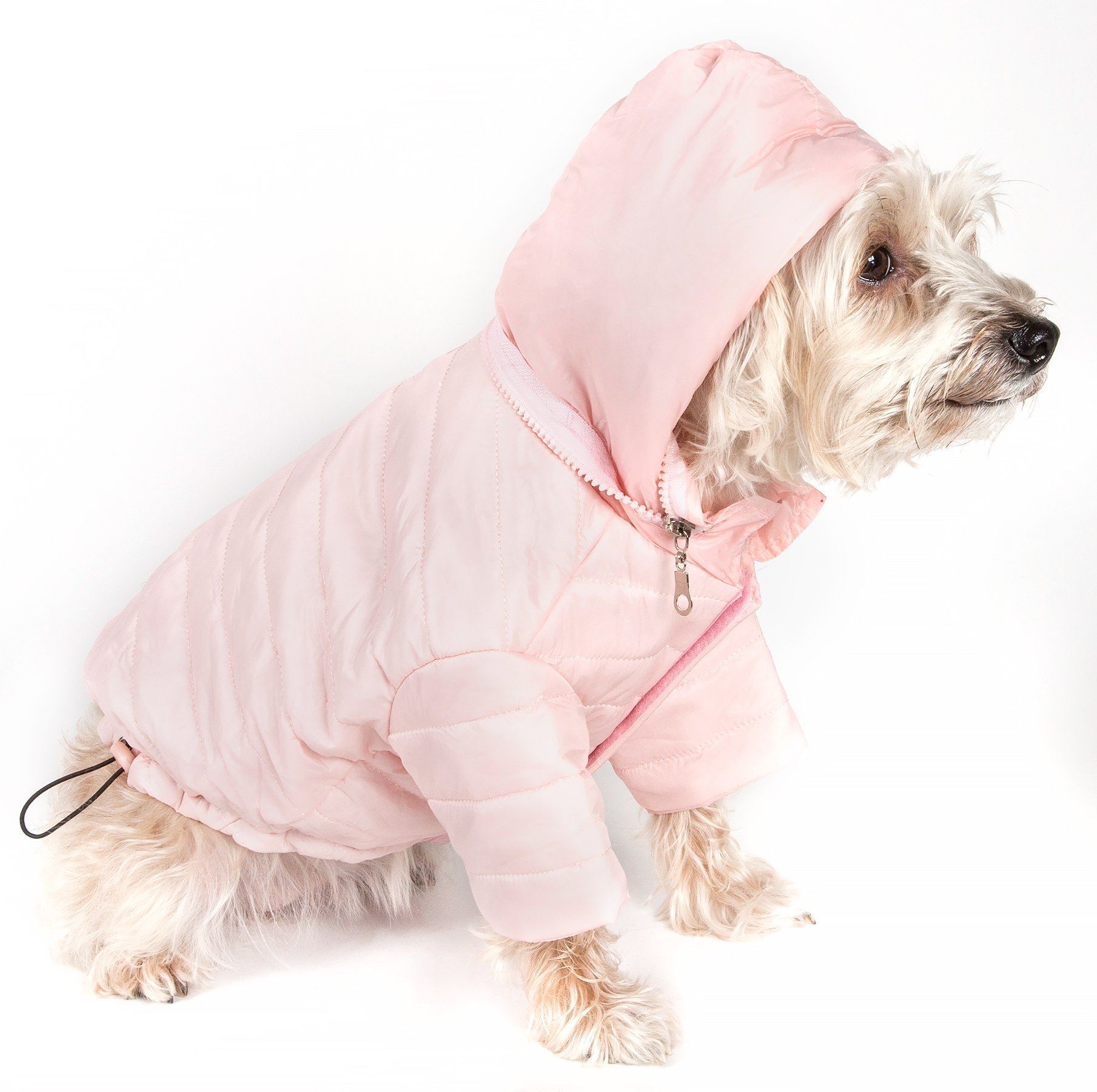 Light pink quilted dog coat with raised hood and front zipper, pocket detail