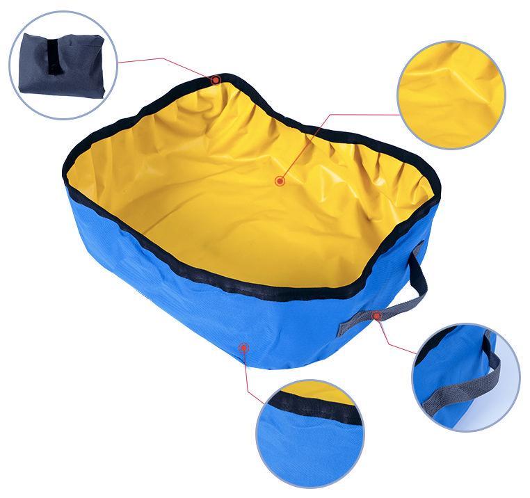 Open folding waterproof litterbox with blue exterior and yellow interior, black edge trim