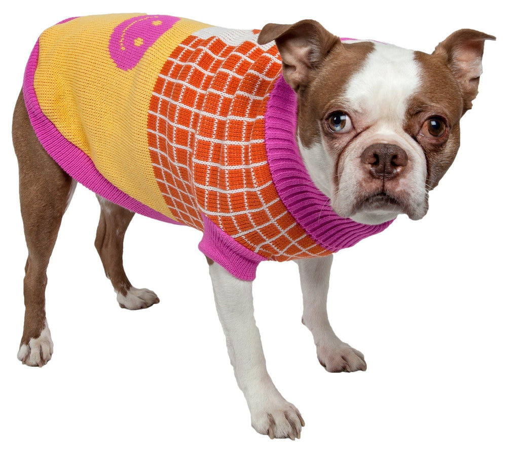 Dog wearing knitted sweater with yellow top, orange plaid panel, purple ribbed trim and face