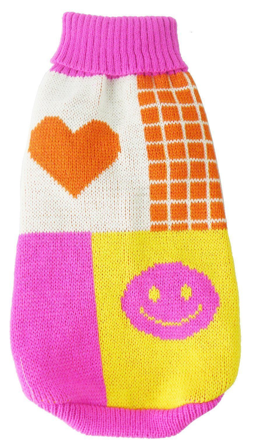 Folded view of knitted dog sweater: pink rib collar, orange plaid, heart and smiley face