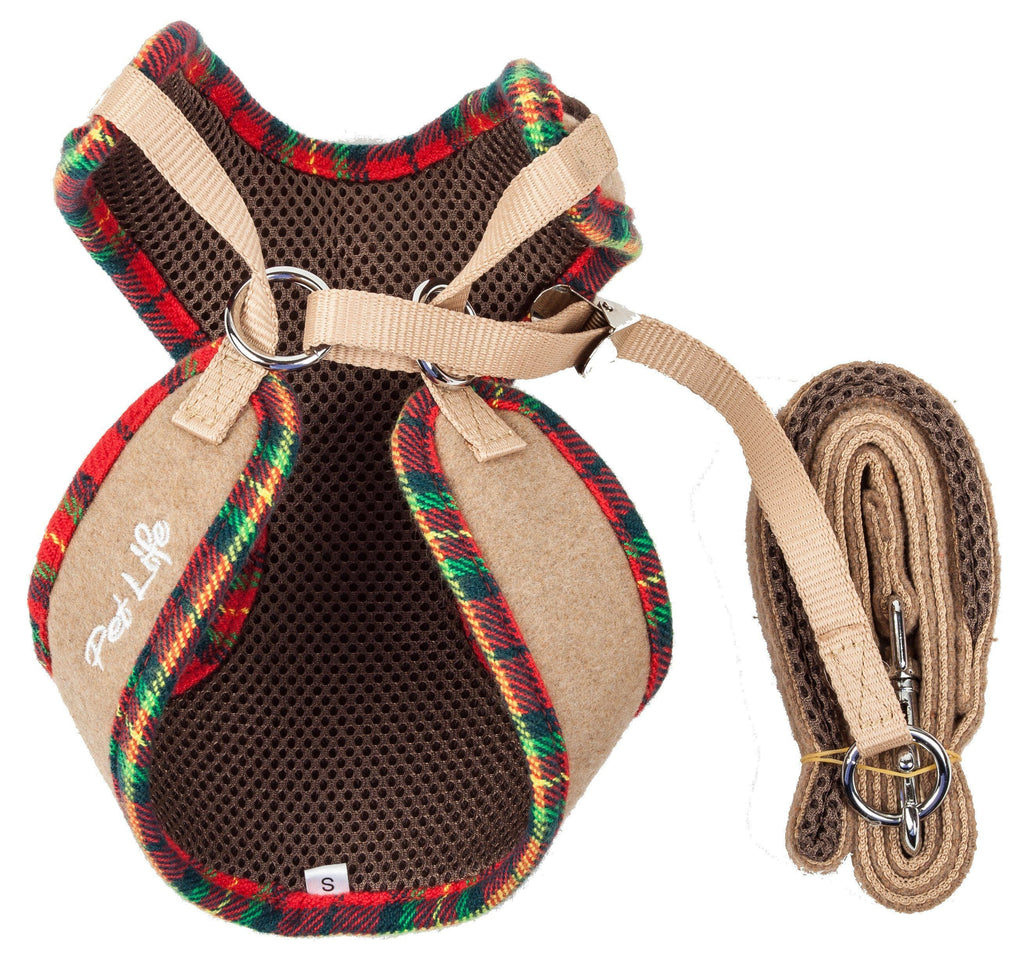 Dog harness laid flat with tan mesh panels, plaid edges, and matching tan leash