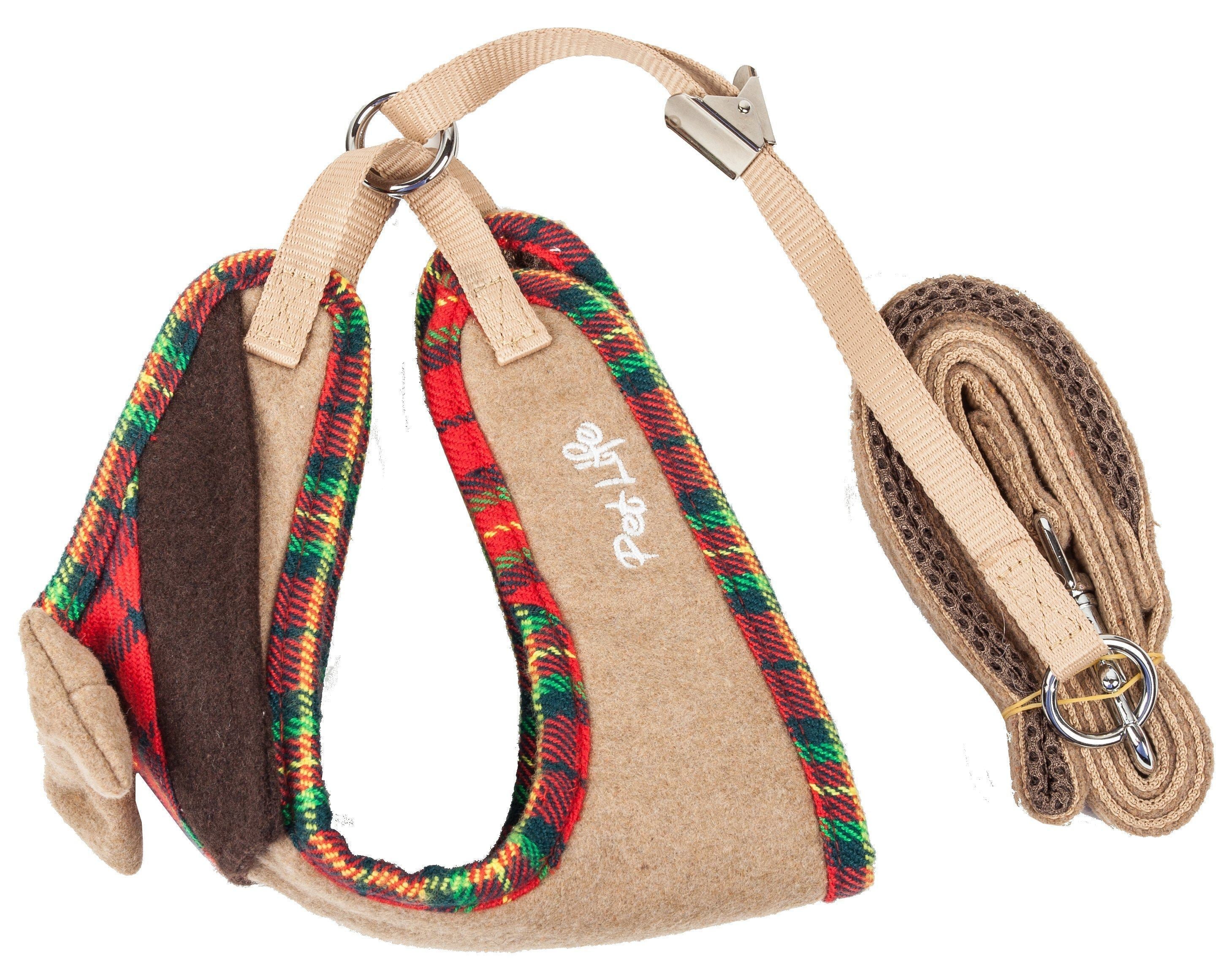 Dog harness front view with plaid border, tan straps, and attached leash