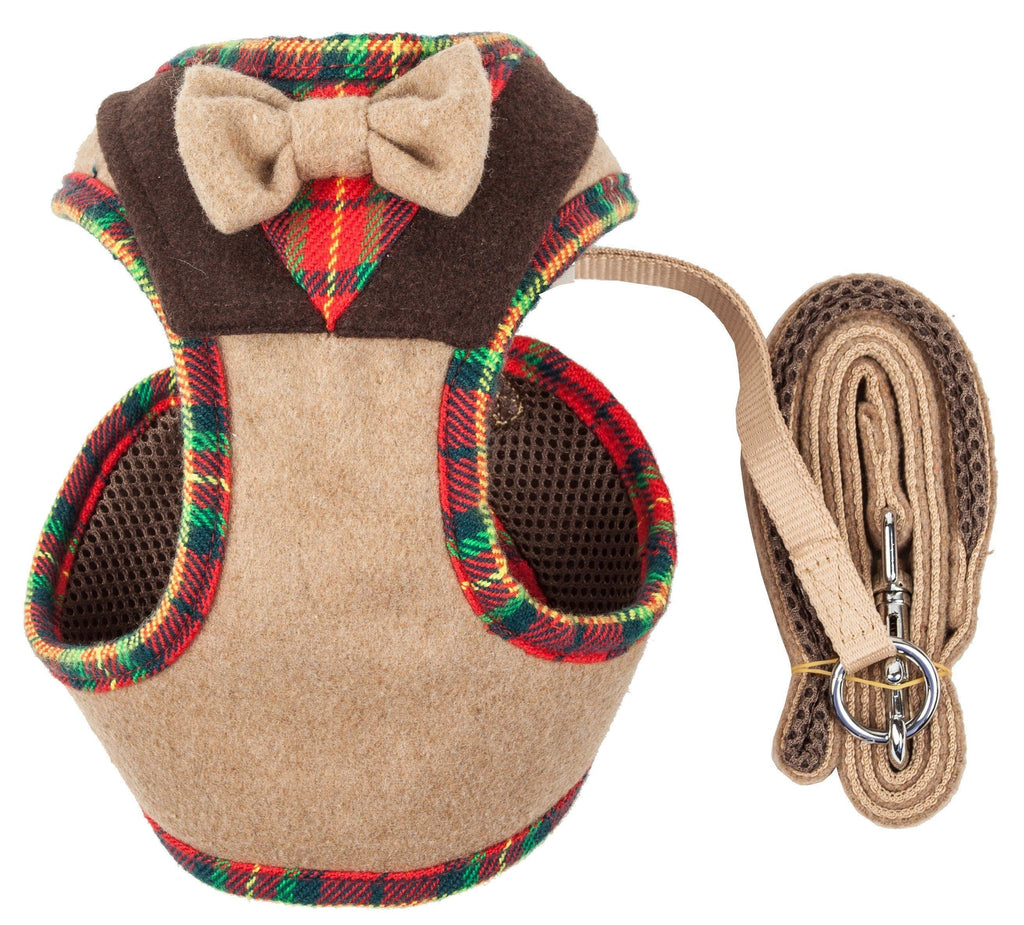 Dog harness and leash set: felt harness with bow tie and plaid lining, tan leash
