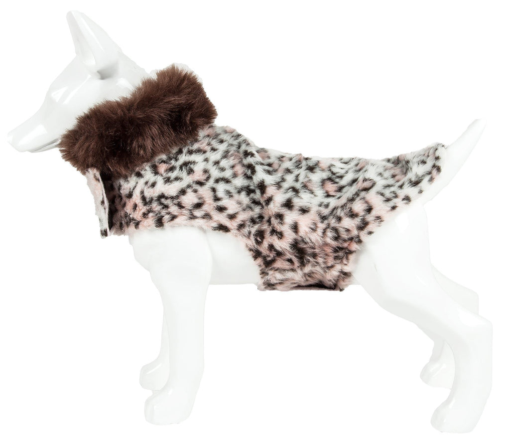 Back view: cheetah-pattern faux mink dog coat with dark brown faux-fur collar