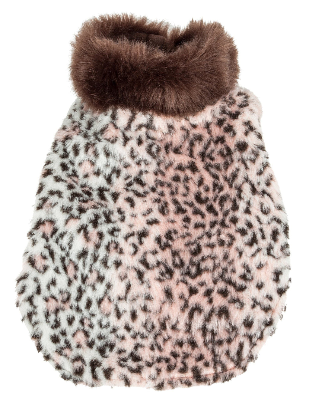 Close-up back panel of cheetah faux-fur dog coat with dark brown neck trim