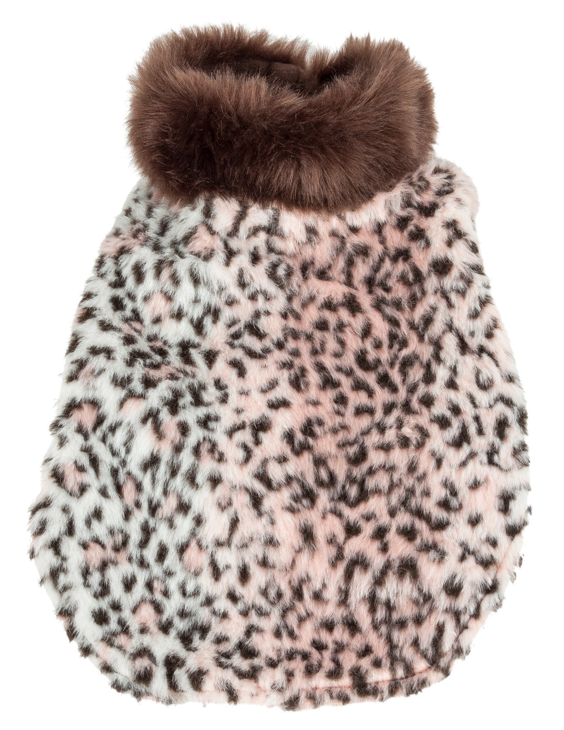 Close-up back panel of cheetah faux-fur dog coat with dark brown neck trim