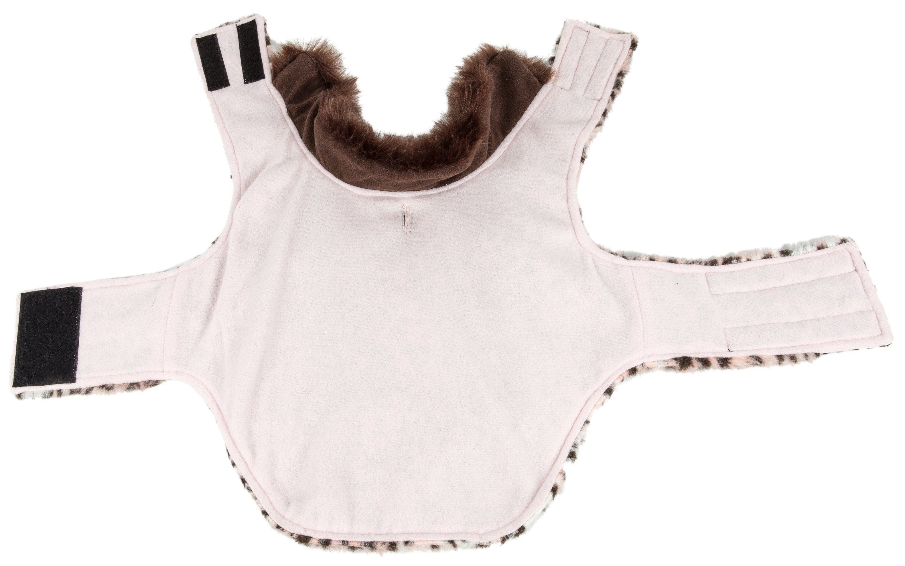 Inside-out view: pale pink dog coat with cheetah trim and adjustable shoulder straps