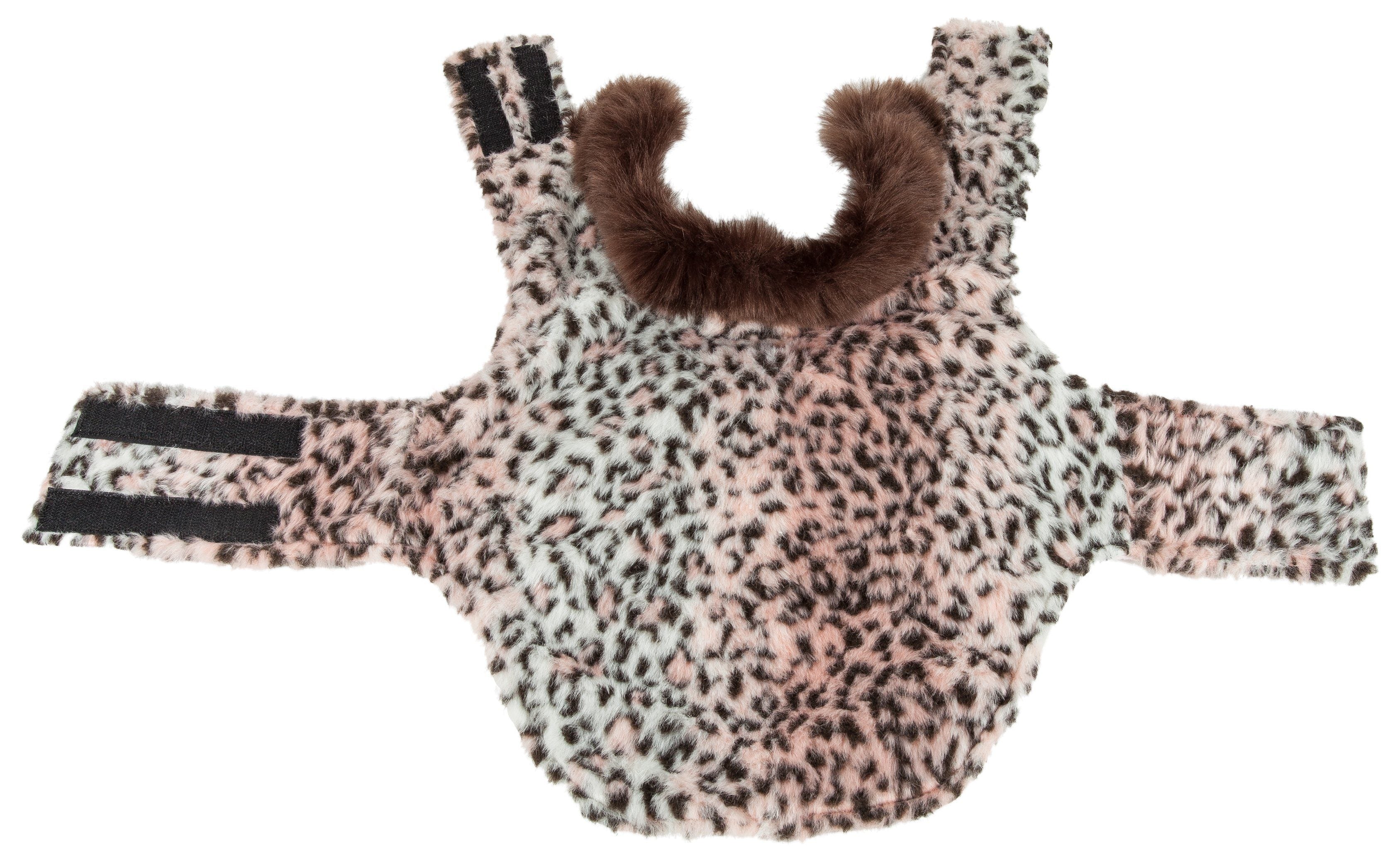Flat lay cheetah-pattern dog coat with U-neck opening and dark brown collar trim