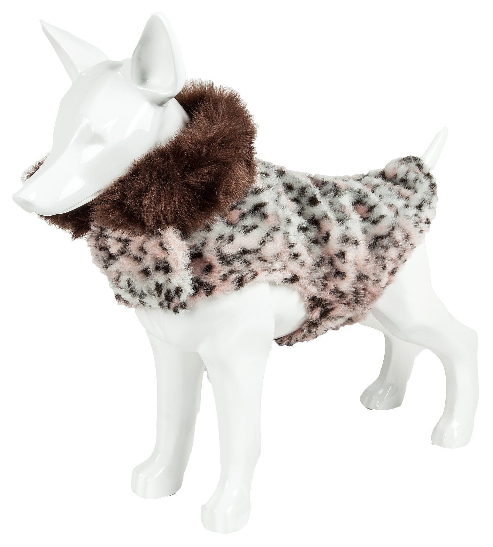 Cheetah-pattern faux mink dog coat with dark brown faux-fur collar, full body coverage