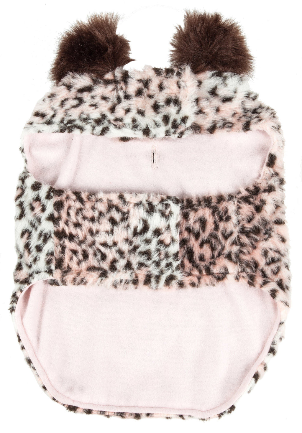 Faux mink dog coat showing pink fabric lining over cheetah pattern, brown neck trim