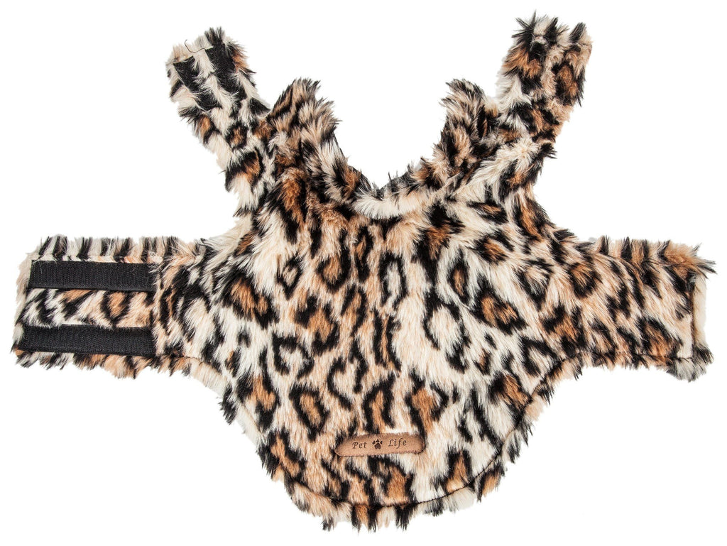 Leopard mink fur dog coat with black strap closures and collar, top view