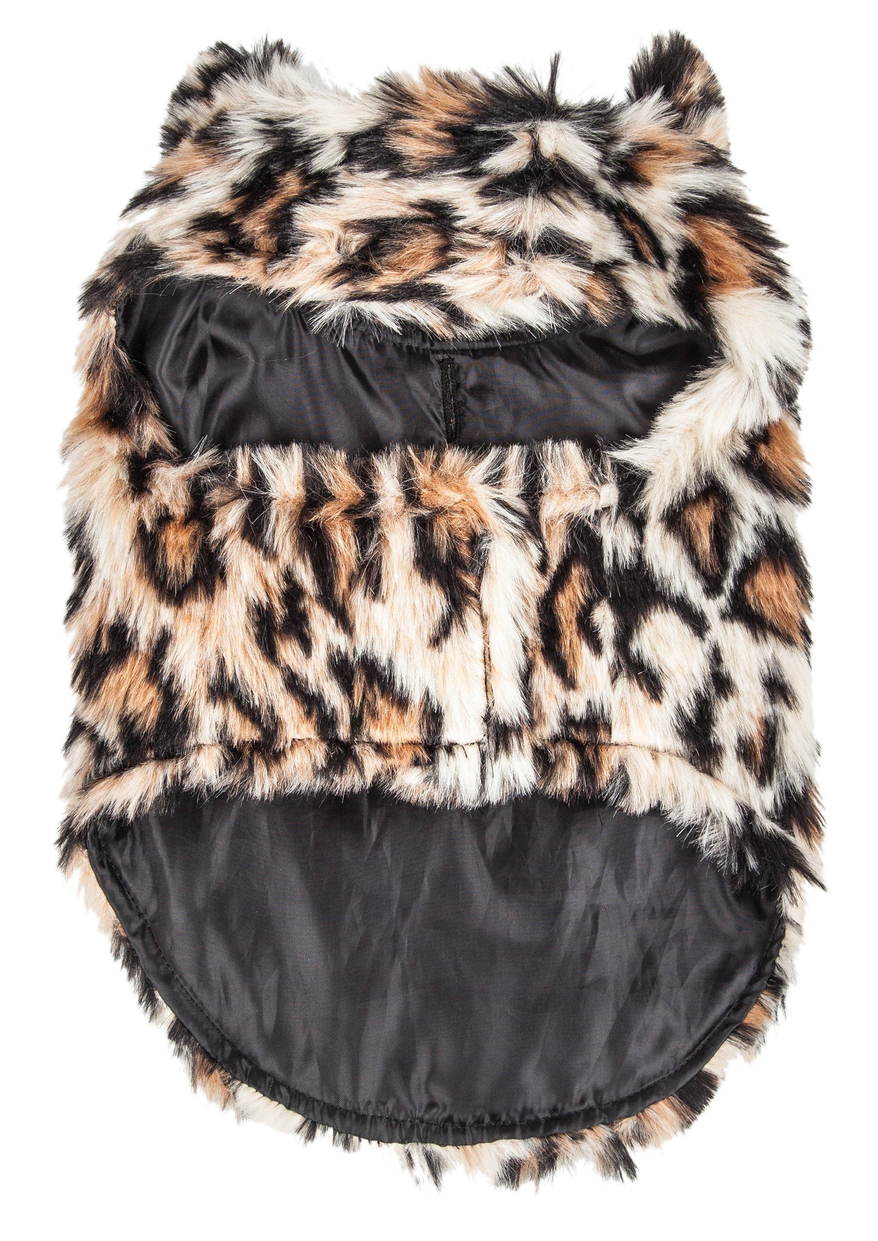 Leopard mink fur dog coat with black satin lining, hooded top panel, flat back view