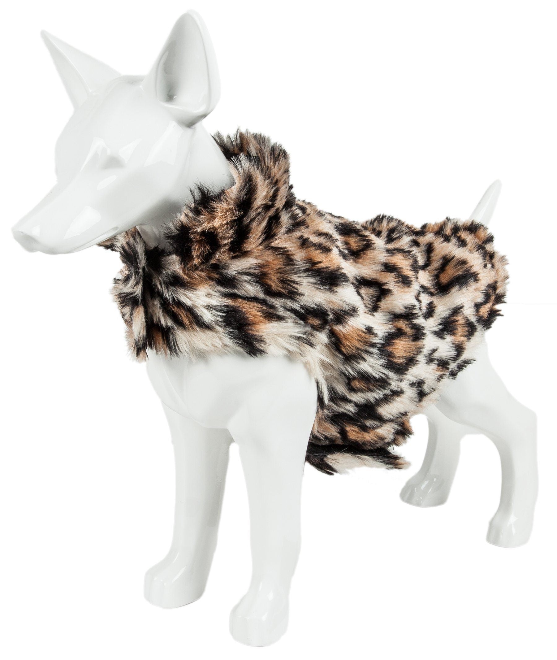 Leopard patterned mink fur dog coat on white mannequin, side profile view