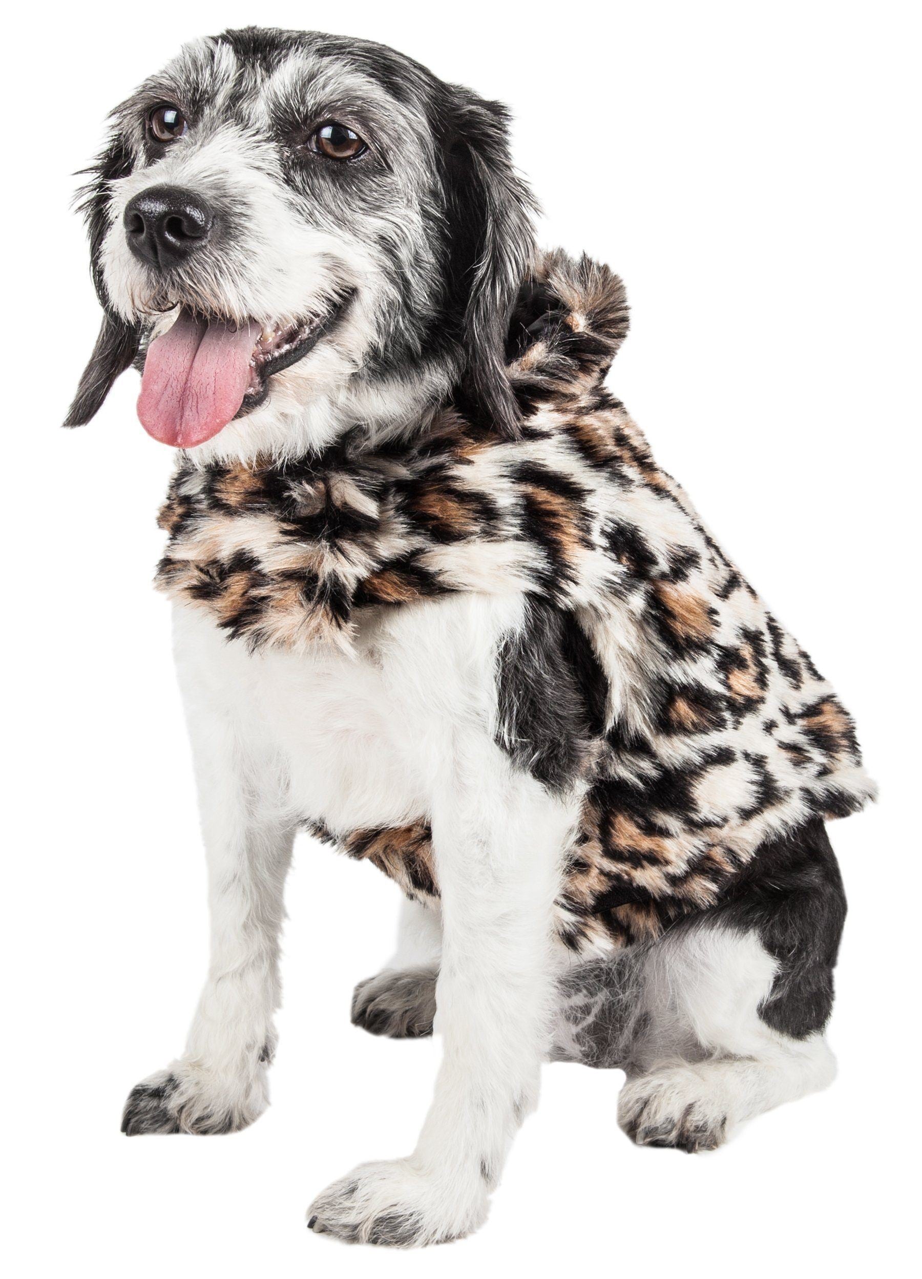 Leopard mink fur dog coat with scalloped collar edge, front side view on dog