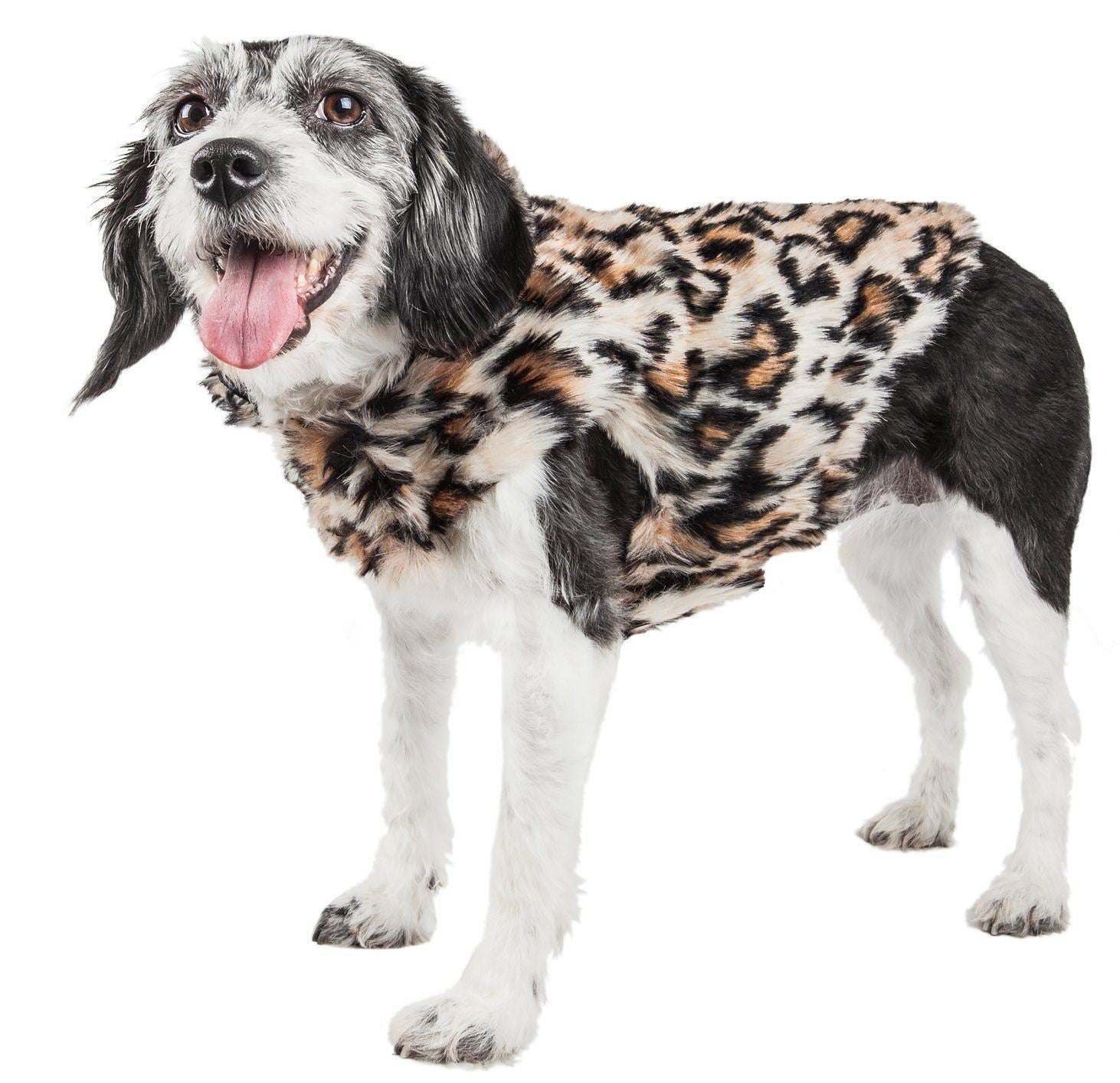 Leopard print mink fur dog coat with full coverage and cozy wrap, front side view