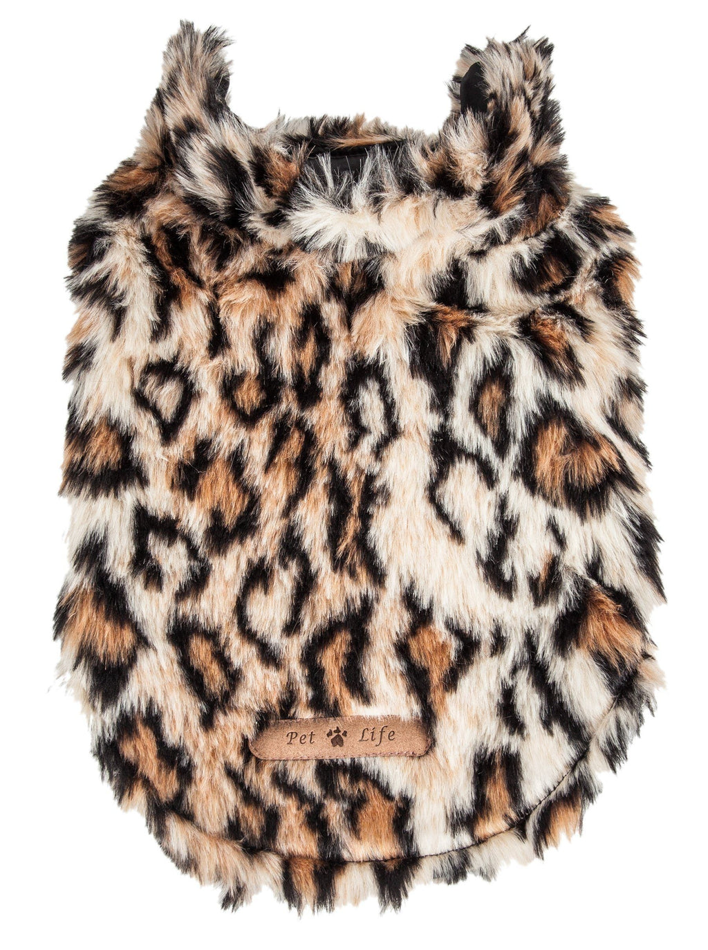 Leopard print mink fur dog coat with raised collar, back view on flat lay