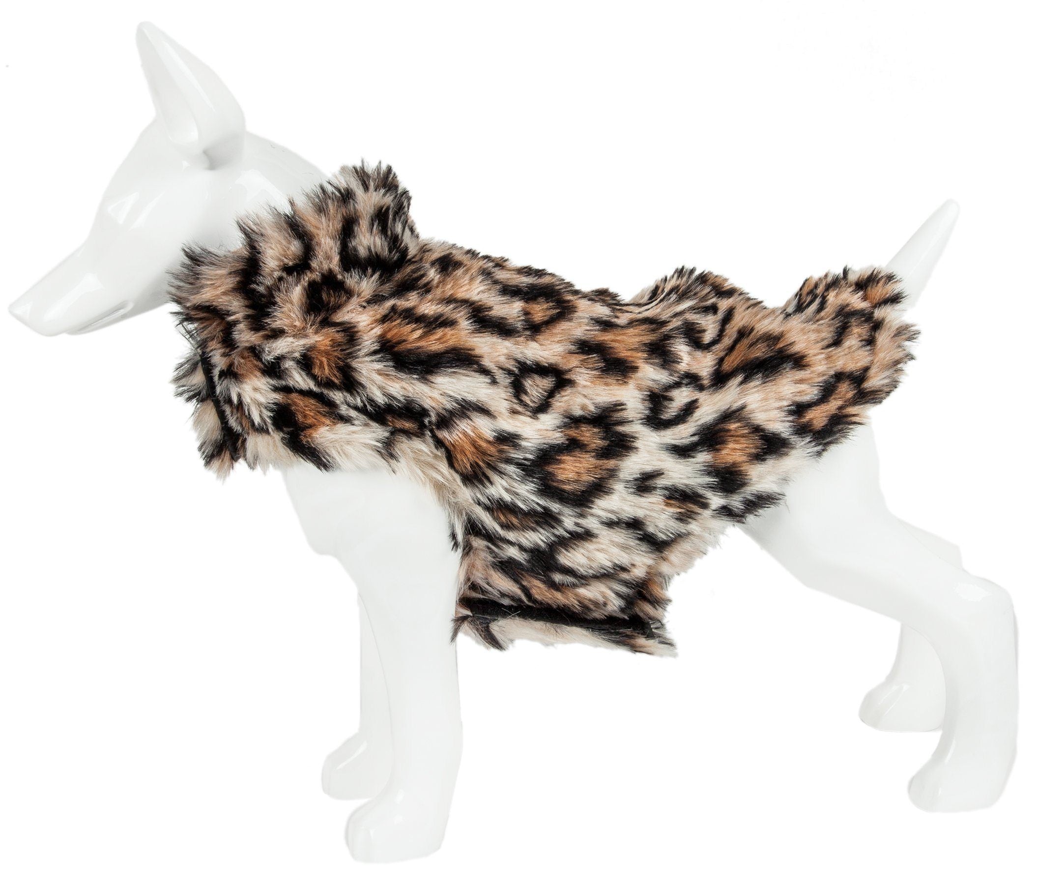 Leopard patterned mink fur dog coat on white mannequin, back and side coverage view