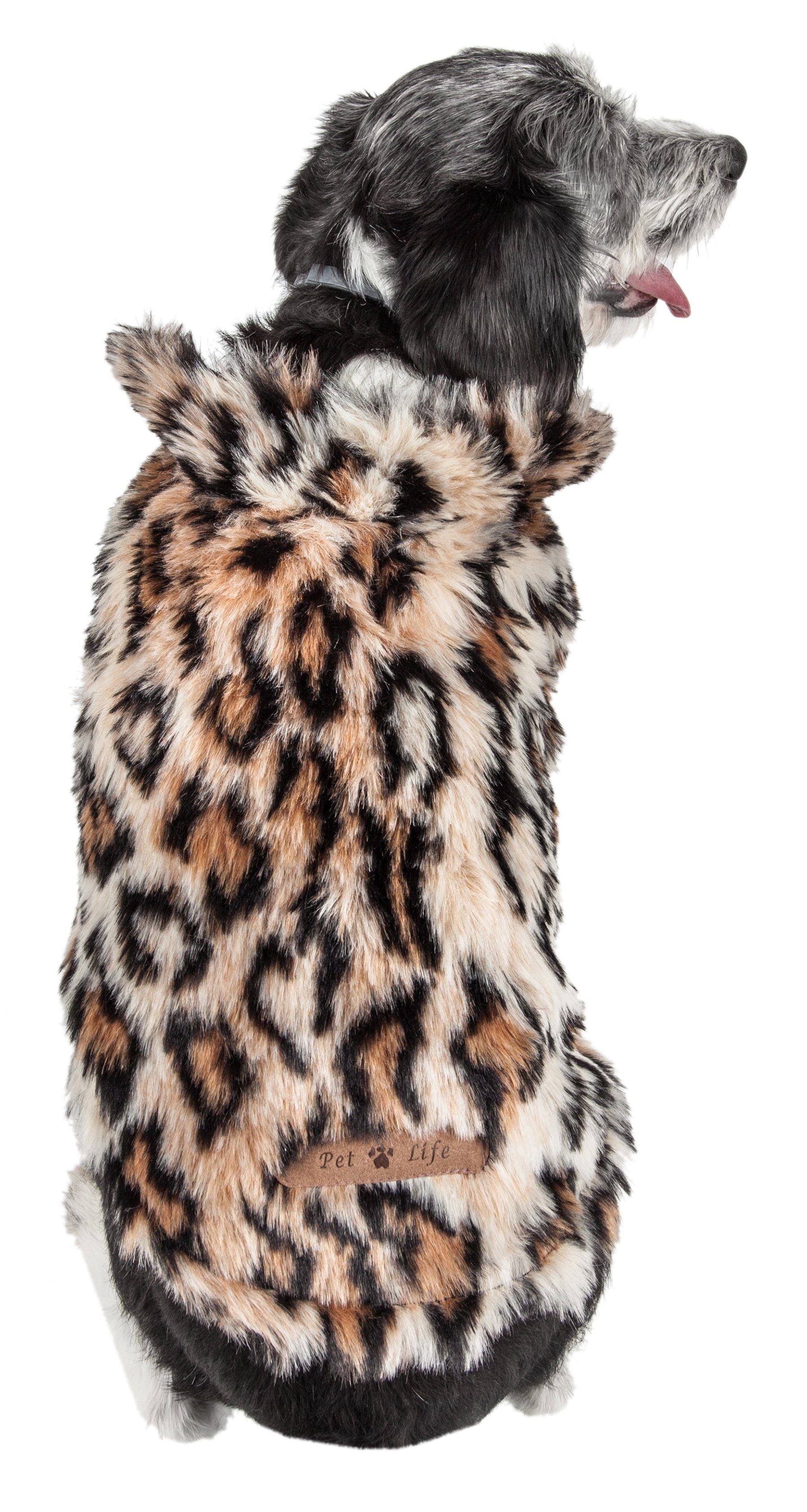 Leopard print mink fur dog coat with faux-fur trim and back opening, side/back view