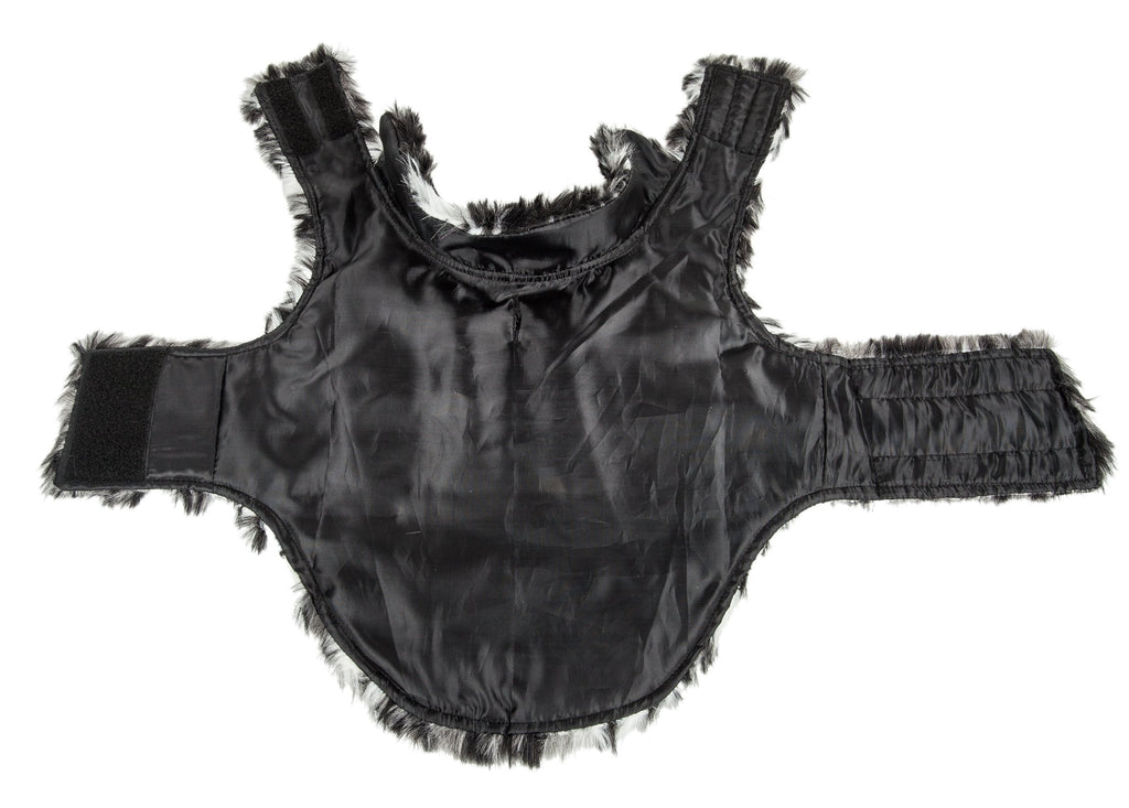 Black satin dog coat with fur trim around hem and leg openings; back view.