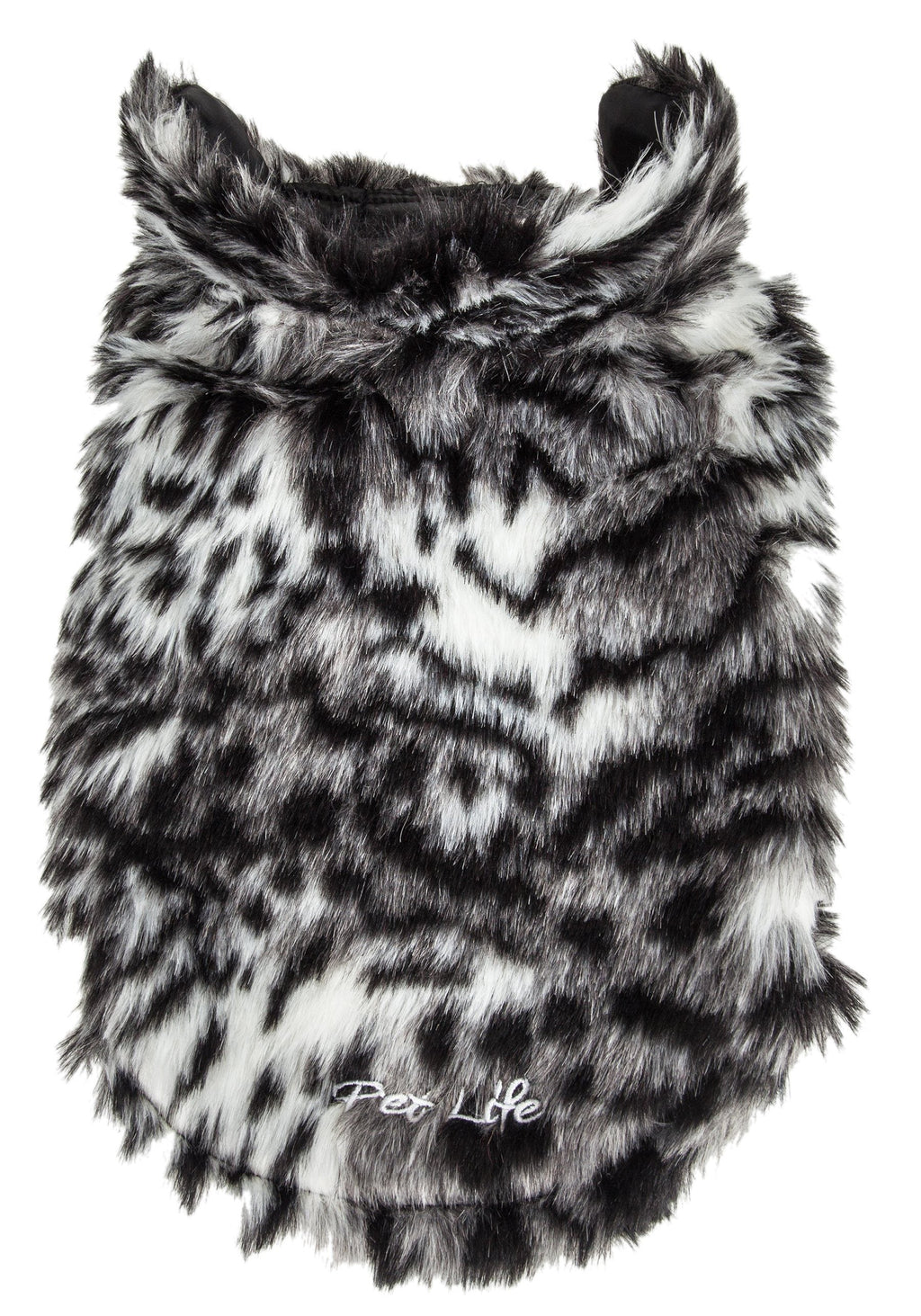Back view of gray-and-black tiger patterned mink-fur dog coat; “Pet Life” logo near hem.