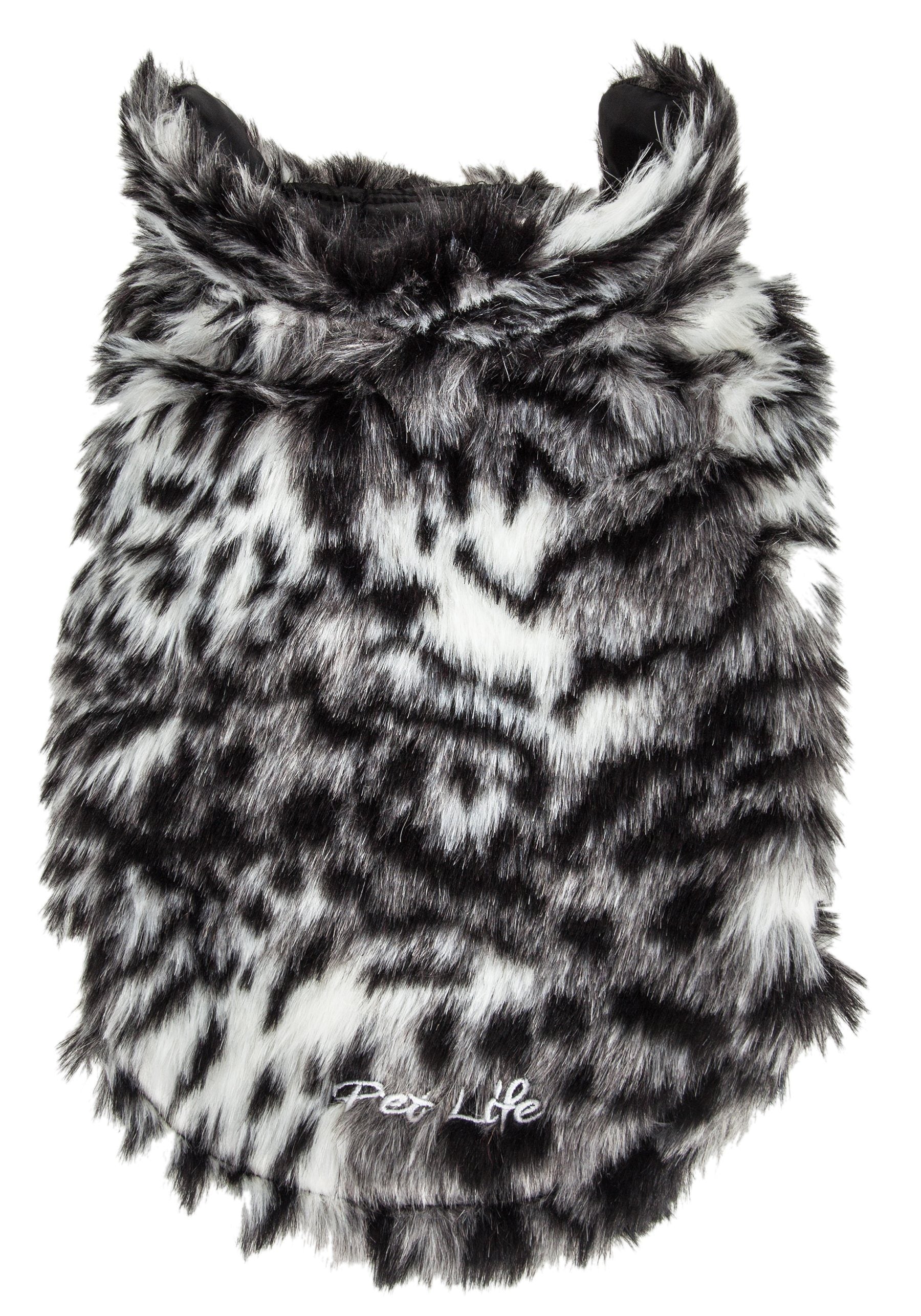 Back view of gray-and-black tiger patterned mink-fur dog coat; “Pet Life” logo near hem.