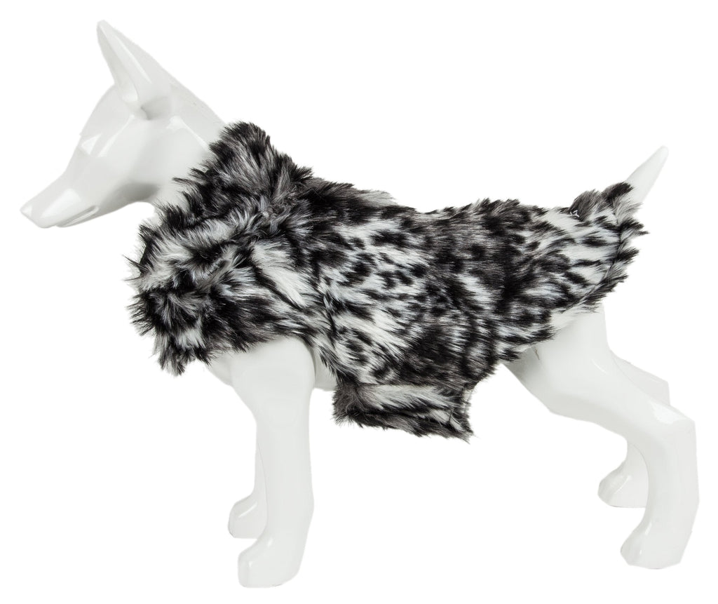 Side view of gray tiger print mink-fur dog coat covering back and sides.