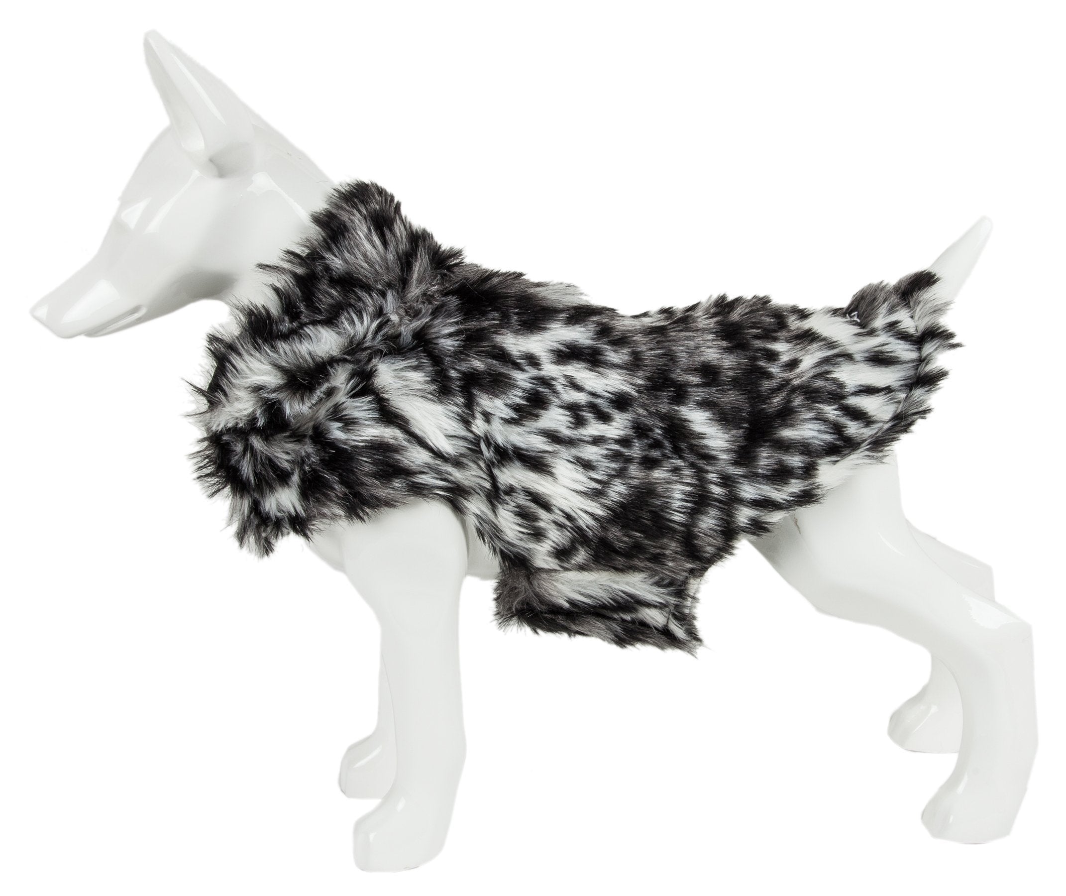 Side view of gray tiger print mink-fur dog coat covering back and sides.