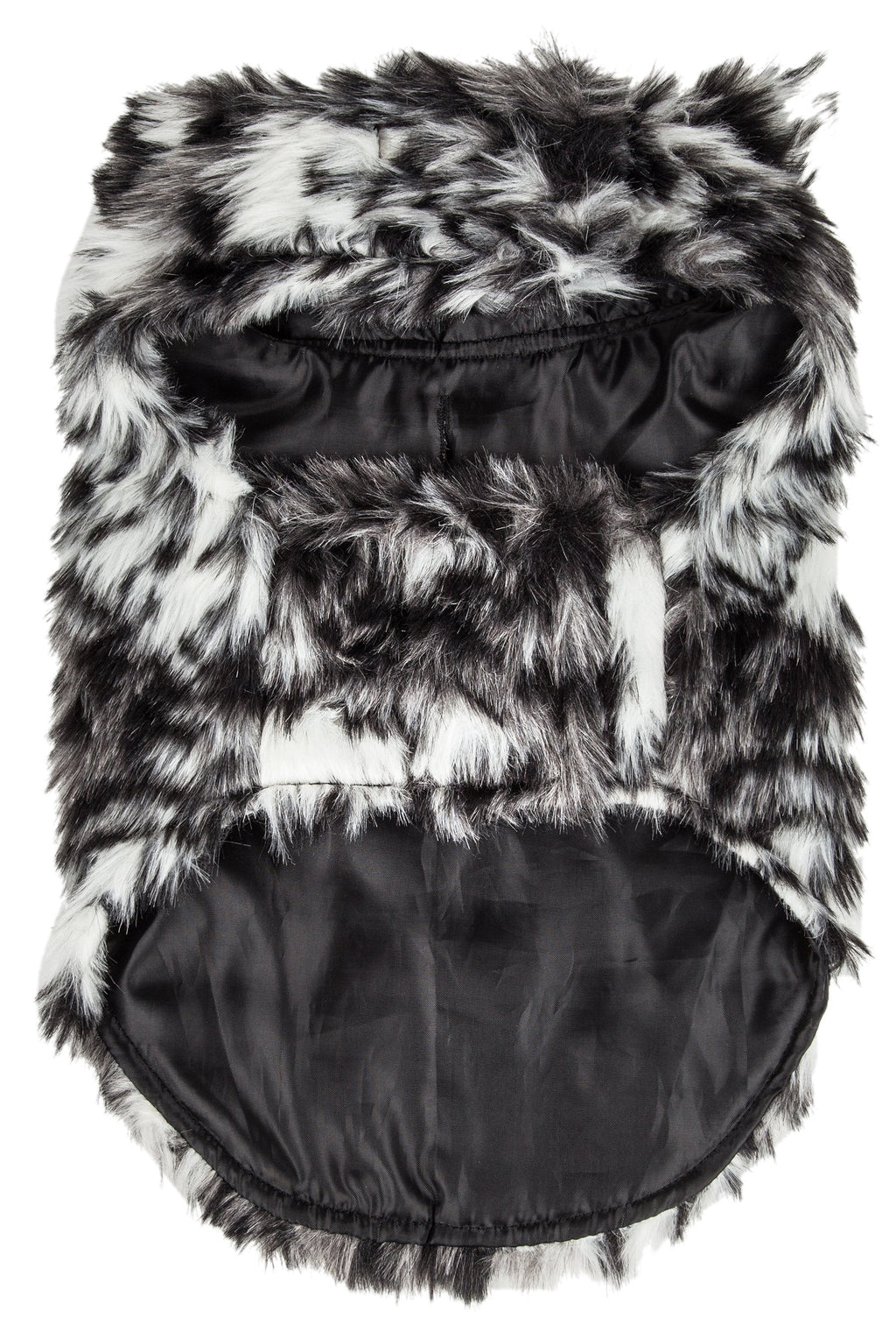 Front-to-back view: tiger print mink-fur dog coat with black satin lining at opening.