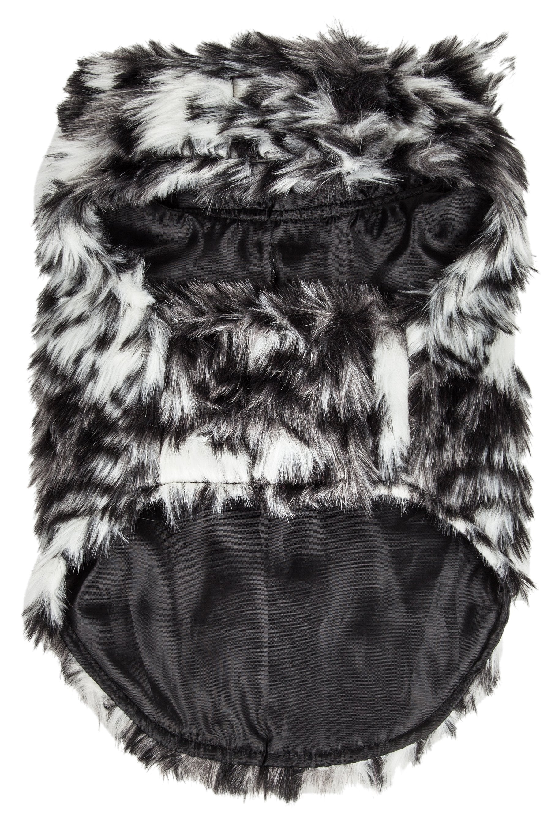 Front-to-back view: tiger print mink-fur dog coat with black satin lining at opening.