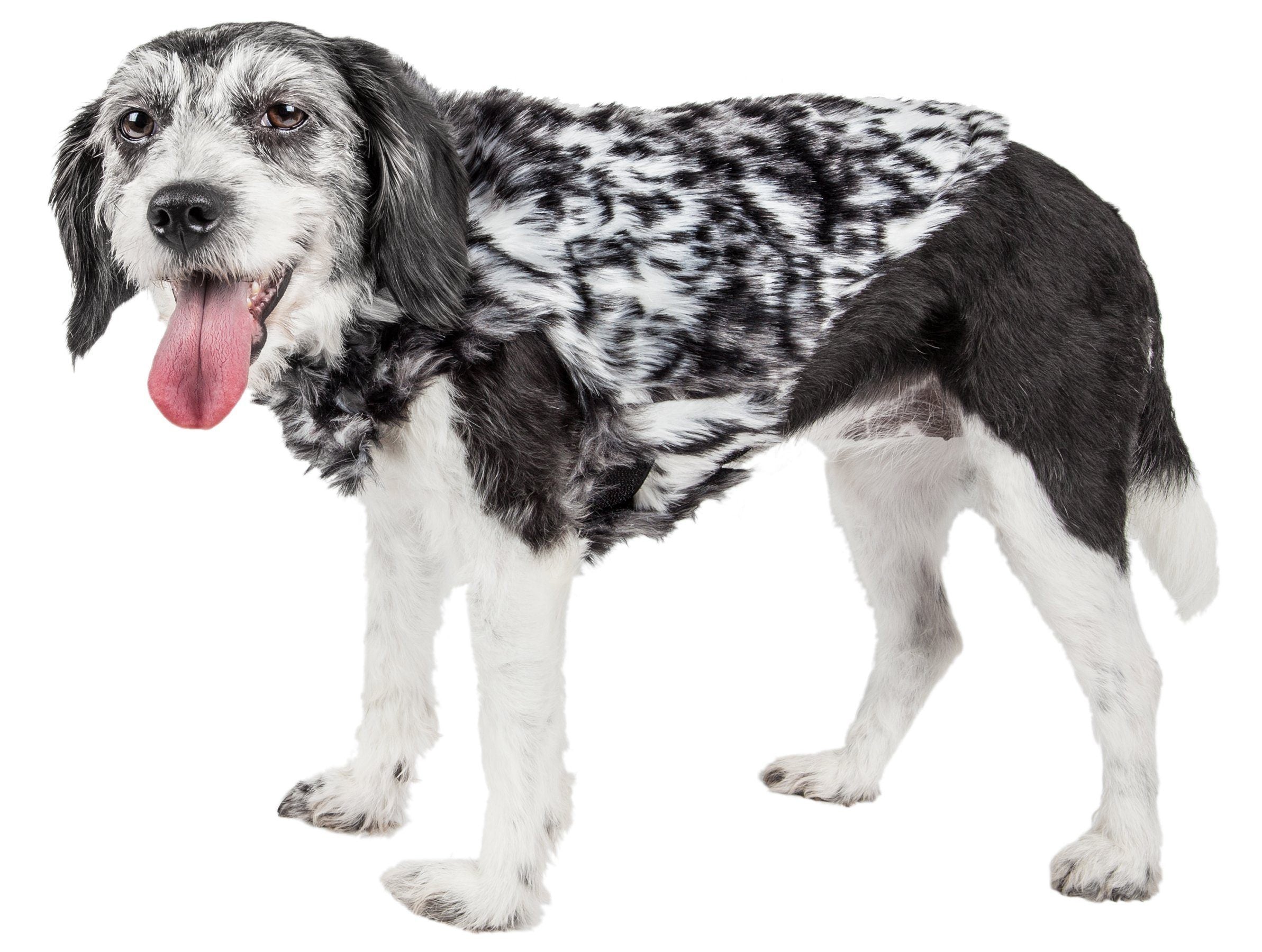 Gray-scale tiger patterned mink-fur dog coat, open front, long coverage on legs.