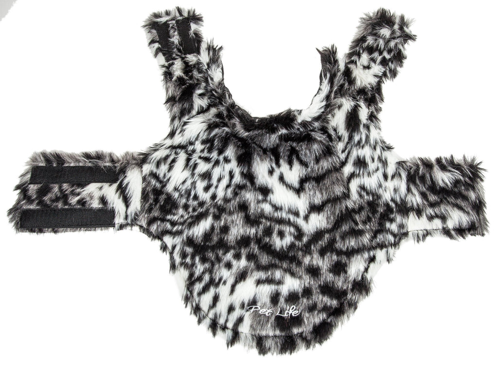 Dog coat front view: gray tiger print mink-fur with black strap-style edging at cuffs.
