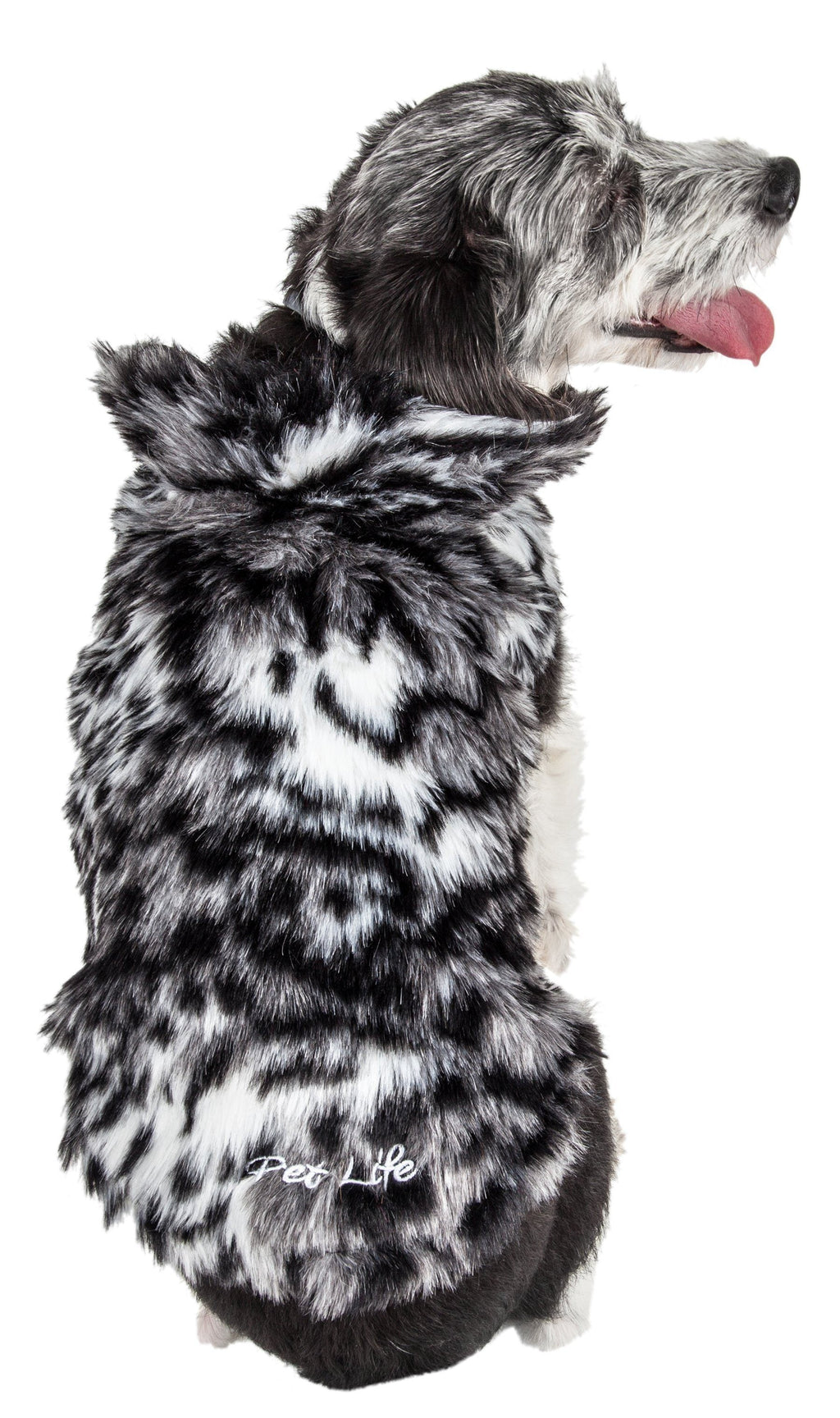 Tiger-pattern mink-fur dog coat in gray and black; “Pet Life” logo on lower back.