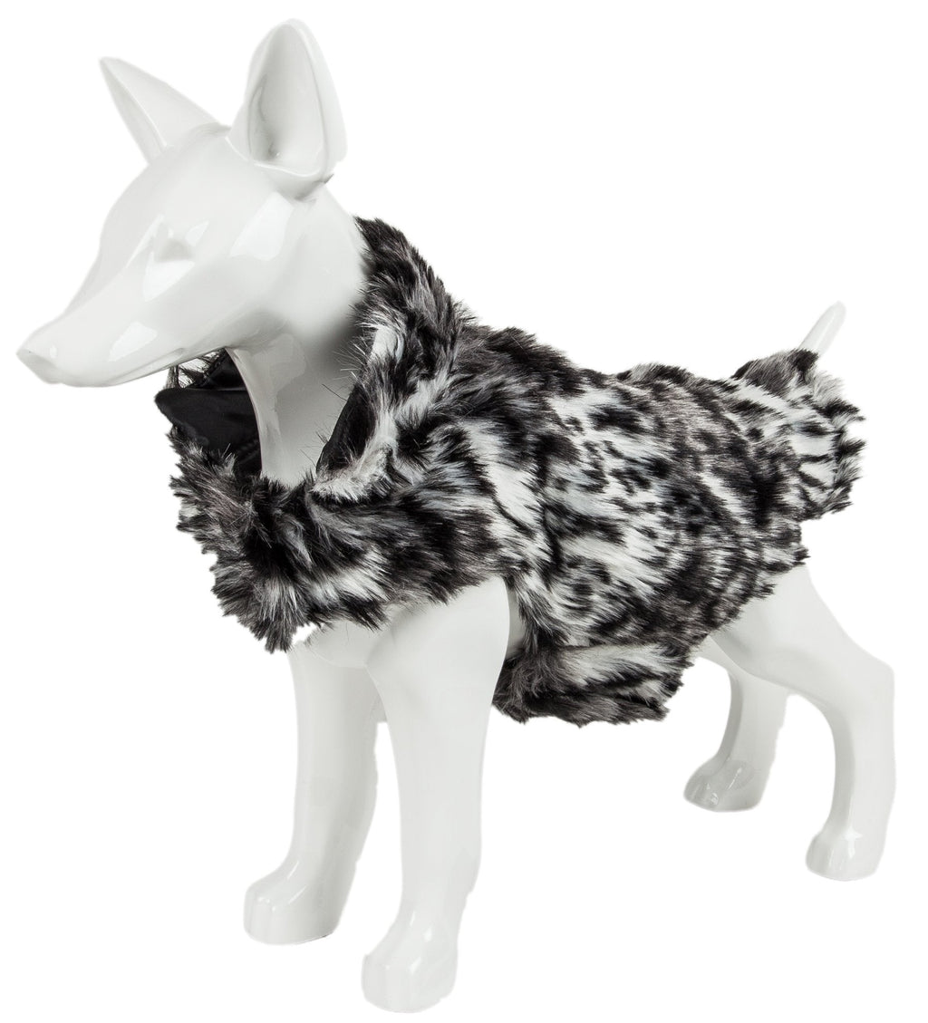 Gray-and-black tiger print faux mink dog coat draped over torso, with hood-like opening.