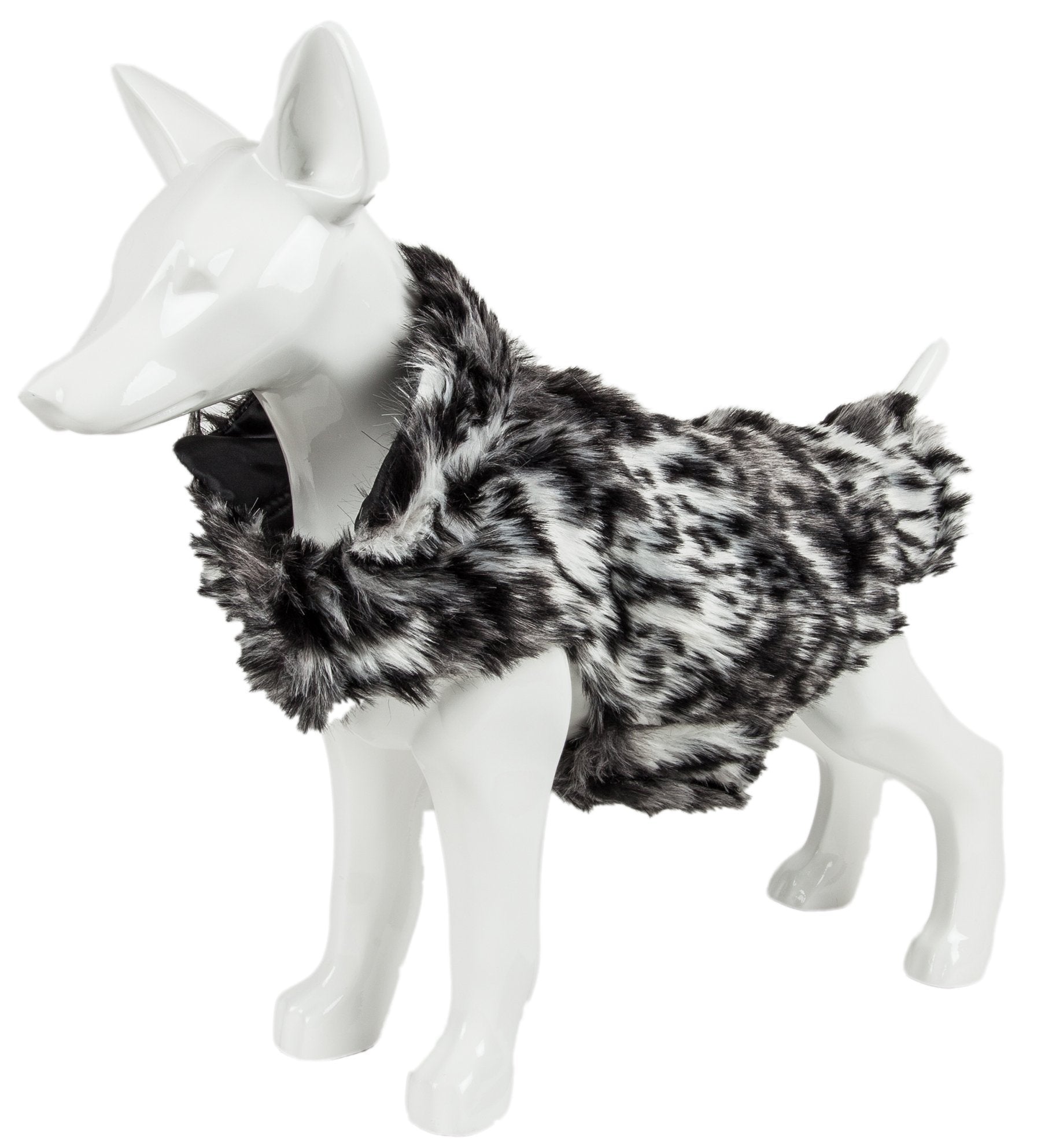 Gray-and-black tiger print faux mink dog coat draped over torso, with hood-like opening.