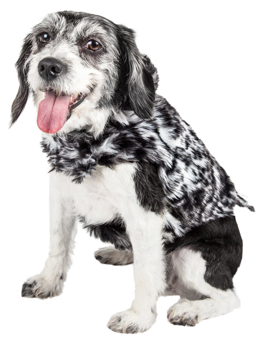Gray-scale tiger patterned dog coat with soft mink-fur texture and full leg coverage.