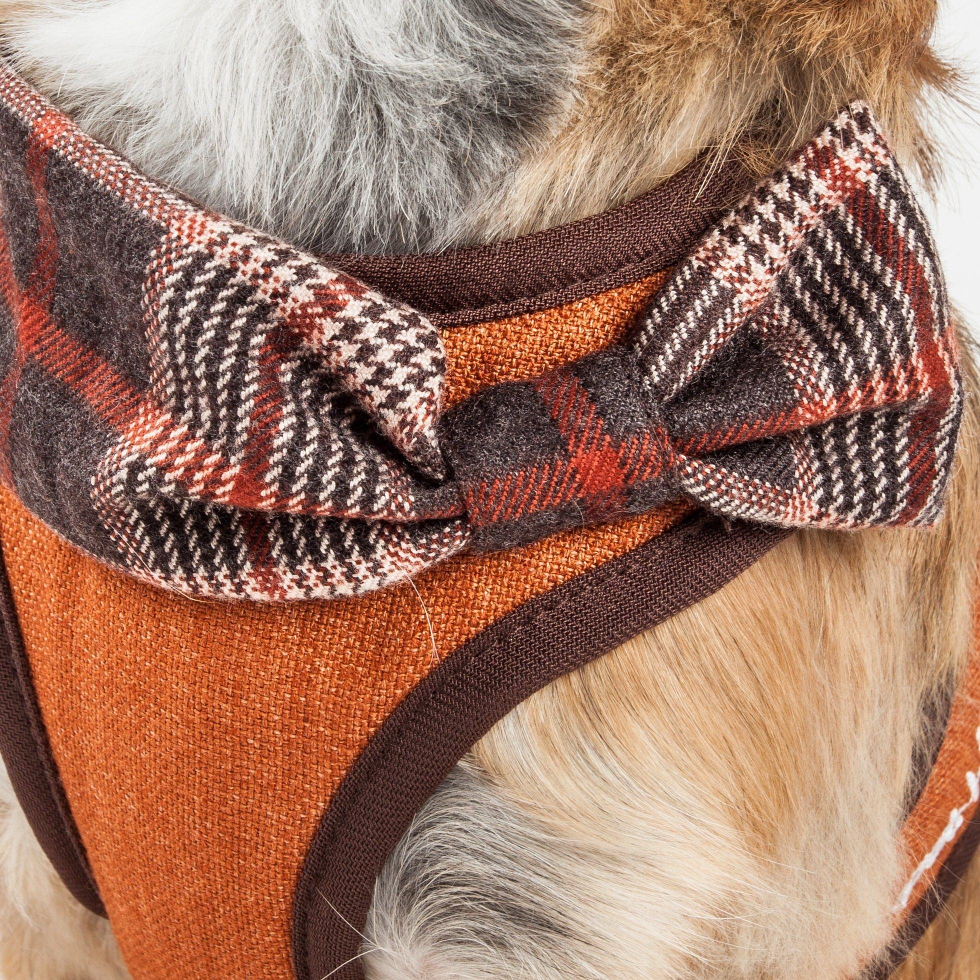 Dog harness close-up: orange-brown panel with brown mesh trim and plaid bow at chest.