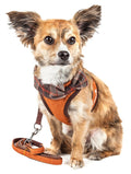 Dog harness and leash set on small dog, orange-brown body with plaid bow accent.