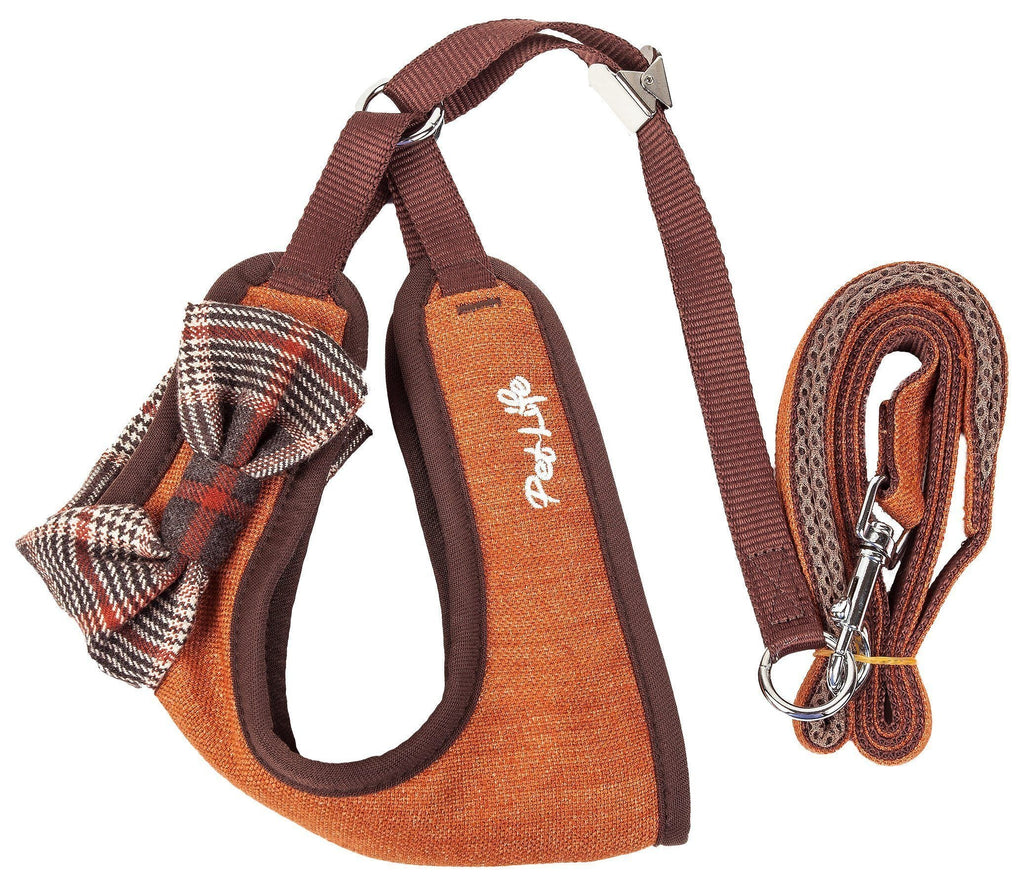 Dog harness and leash set, brown adjustable straps with plaid bow and orange side panel.