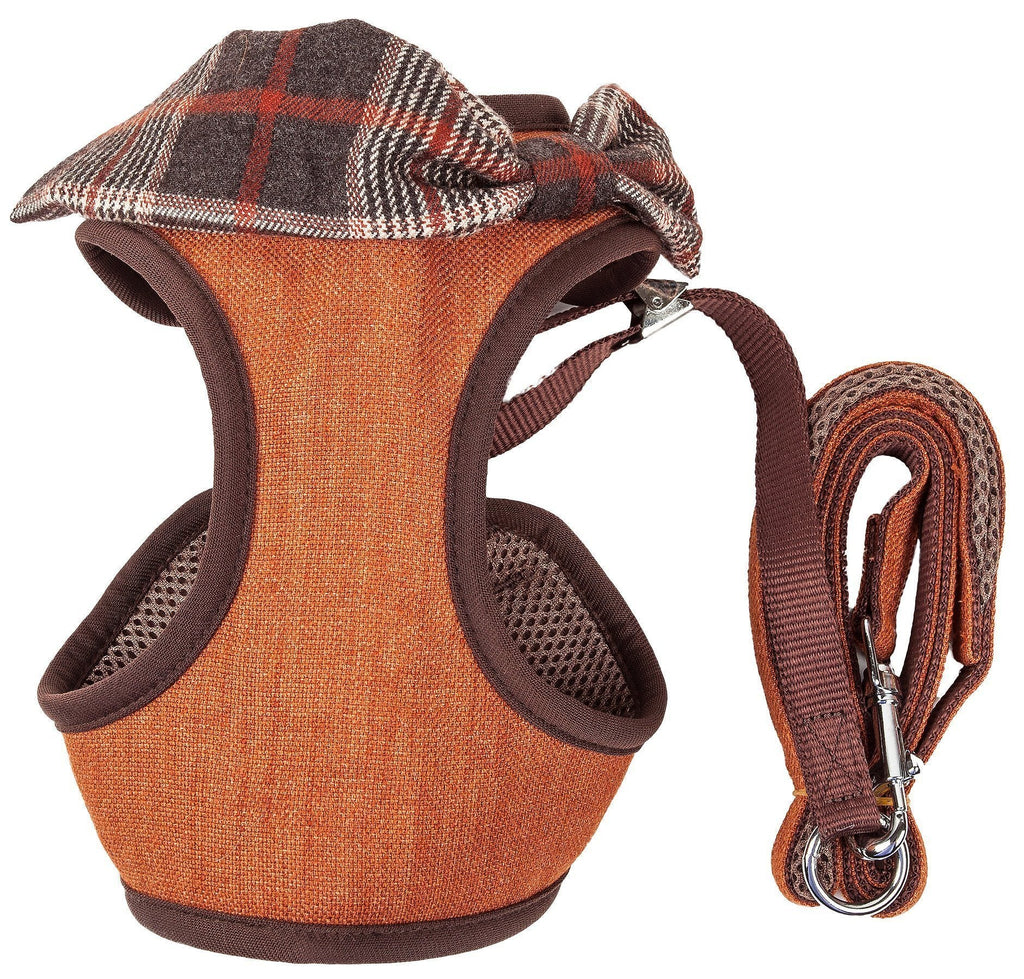 Dog harness and leash set, orange-brown carrier-style harness with plaid bow and matching leash.