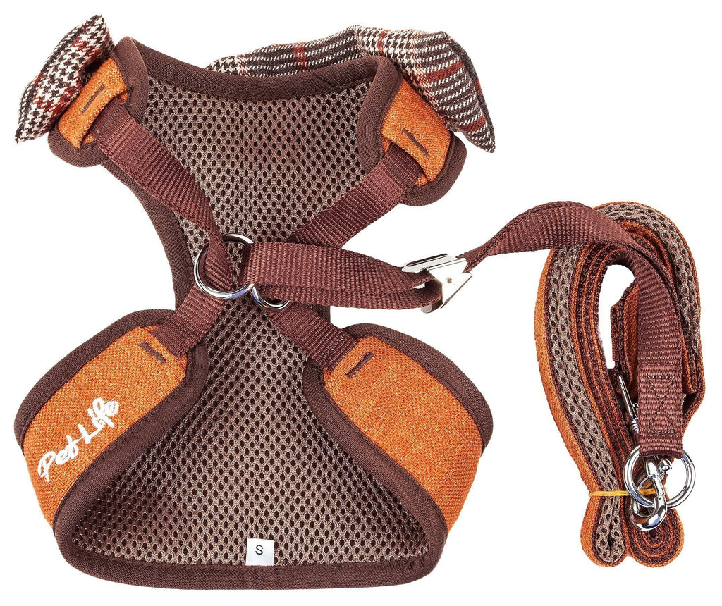 Dog harness and leash set, brown mesh center with orange side panels and plaid bow.
