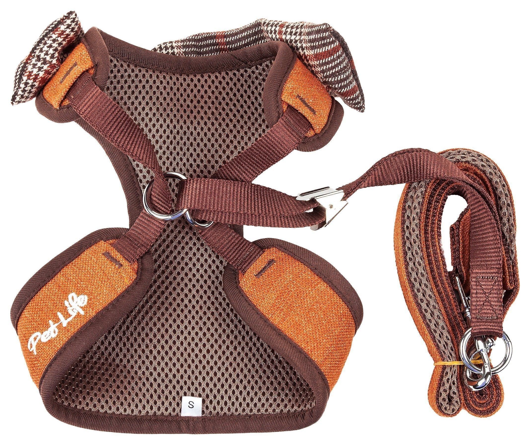 Dog harness and leash set, brown mesh center with orange side panels and plaid bow.